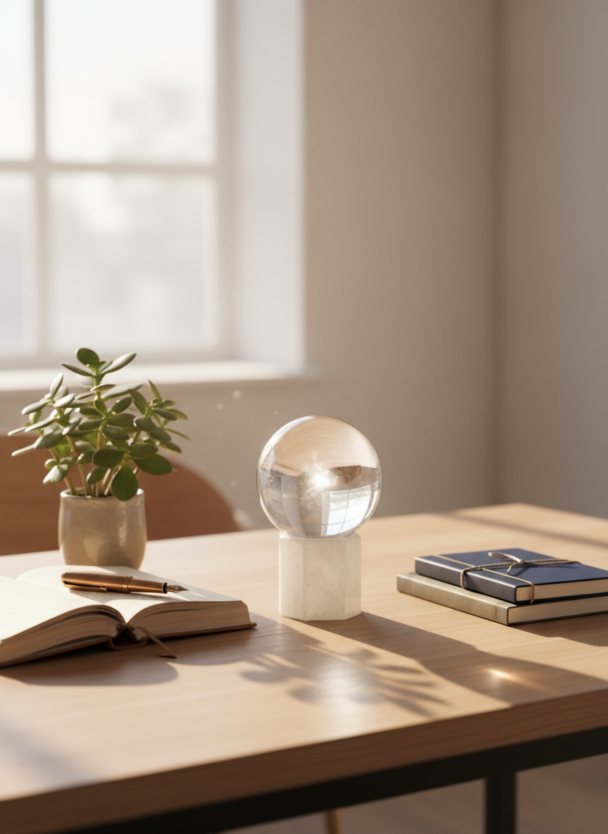 A luminous crystal sphere resting atop a smooth white quartz pedestal, symbolizing clarity and life vision, placed on a minimalist oak desk. Around it, an open leather-bound journal with a fountain pen, a small jade plant, and a neatly stacked pair of notebooks evoke organized growth. Soft morning sunlight from a nearby window washes the scene in a gentle, warm glow, creating subtle reflections on the crystal surface and soft shadows on the desk. Photographic realism, shot at eye level with a shallow depth of field so the sphere is in sharp focus while the background fades into a creamy bokeh. The mood is calm, uplifting, and professional, suggesting transformational clarity and abundant possibilities.