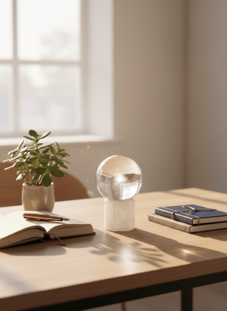 A luminous crystal sphere resting atop a smooth white quartz pedestal, symbolizing clarity and life vision, placed on a minimalist oak desk. Around it, an open leather-bound journal with a fountain pen, a small jade plant, and a neatly stacked pair of notebooks evoke organized growth. Soft morning sunlight from a nearby window washes the scene in a gentle, warm glow, creating subtle reflections on the crystal surface and soft shadows on the desk. Photographic realism, shot at eye level with a shallow depth of field so the sphere is in sharp focus while the background fades into a creamy bokeh. The mood is calm, uplifting, and professional, suggesting transformational clarity and abundant possibilities.