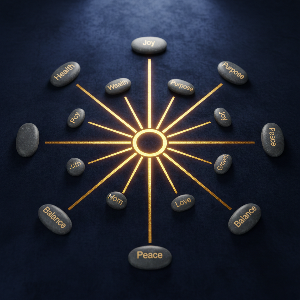 A branching golden path diagram etched into a deep navy-blue velvet-like surface, each path line glowing subtly as it leads toward a radiant central point shaped like a stylized sun. Around the edges sit small, polished stones engraved with words like “Health,” “Wealth,” “Joy,” and “Purpose,” arranged with intentional symmetry. Illuminated by soft, diffused studio lighting from above, the gold lines catch delicate highlights while the velvet texture absorbs light, creating depth and richness. Photographic realism with a slightly elevated angle and sharp focus throughout. The composition feels organized and aspirational, conveying the idea of multiple life domains leading to a single, abundant, joy-filled destination in a clean, modern business aesthetic.