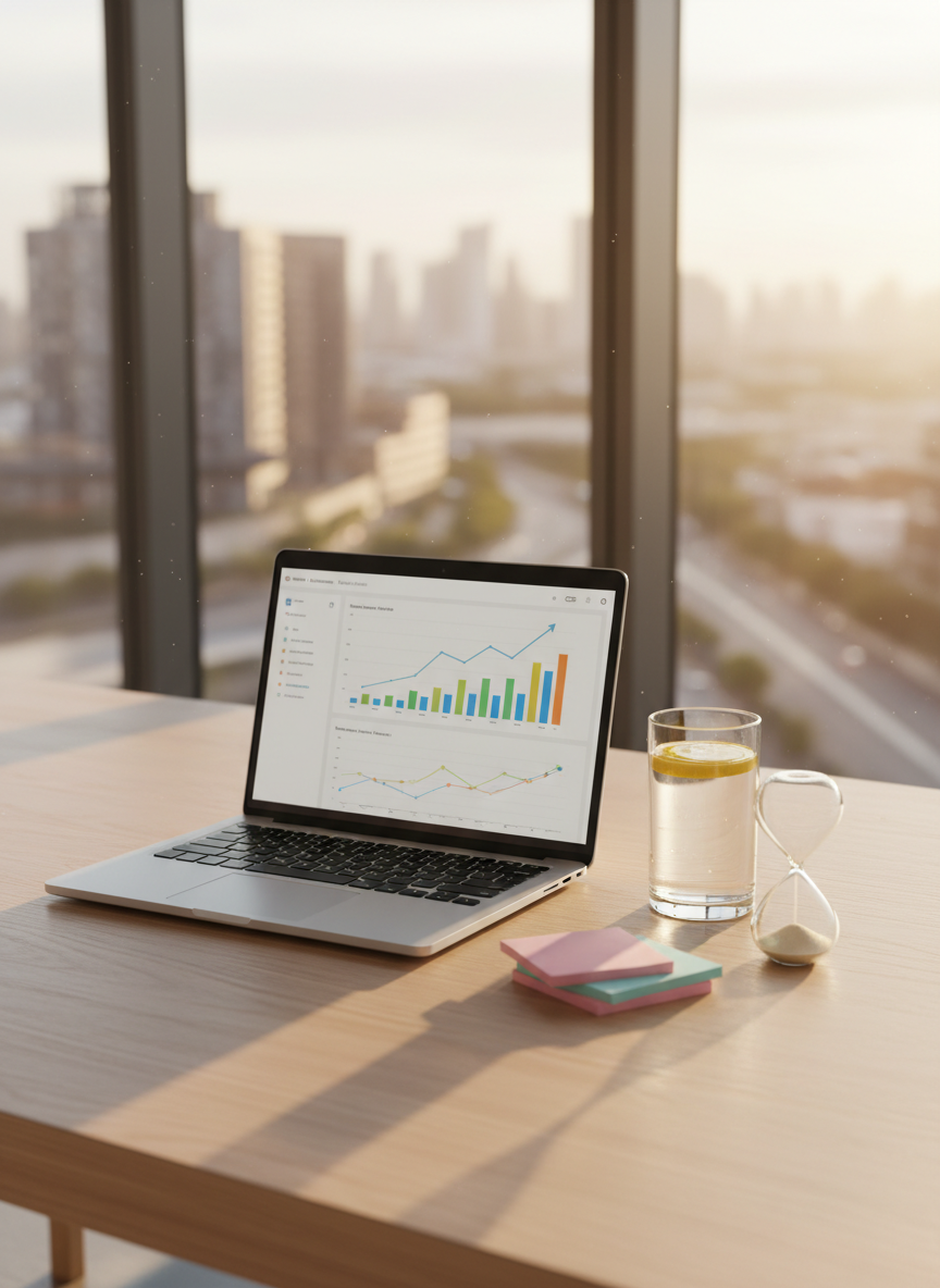A serene, clutter-free workspace featuring an open silver laptop displaying a softly blurred dashboard of colorful upward graphs, placed on a smooth light-ash wooden table. Beside the laptop, a crystal-clear glass of water with lemon slices, a tidy stack of pastel sticky notes, and a sand hourglass half-run evoke balance and intentional time. Large floor-to-ceiling windows in the background reveal an abstract, out-of-focus cityscape bathed in golden hour light. The warm sunlight streams in, creating long, gentle shadows and a peaceful glow across the desk. Photographic realism, shot from a three-quarter angle with moderate depth of field, emphasizes both foreground objects and ambient space. The mood is optimistic, productive, and empowering, ideal for a professional transformational coaching brand focused on ever-growing happiness and abundance.