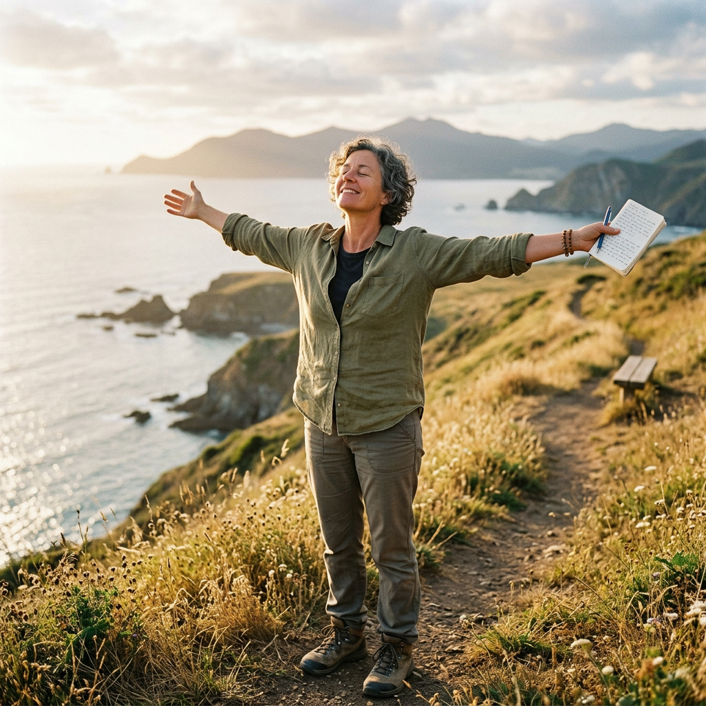 Woman with short curly hair standing on a coastal path holding a journal and pen with arms open wide.