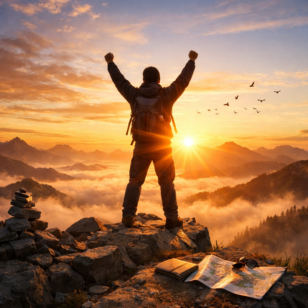 Hiker with raised arms standing on rocky mountain summit at sunrise