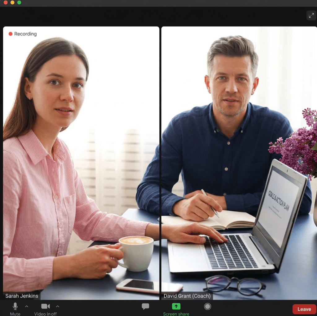 Two people discussing a business action plan displayed on a laptop